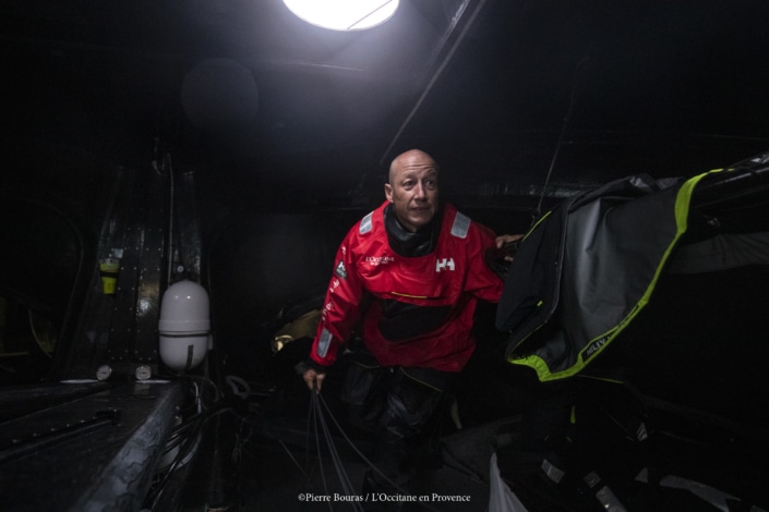 OFF La Trinité sur Mer – October 6: French skippers Armel Tripon sailing on the Imoca l’Occitane, training prior for the vendee globe, on October 6, 2020, off La Trinité dur Mr, South Brittany, France – Photo Pierre Bouras / L’occitane en Provence